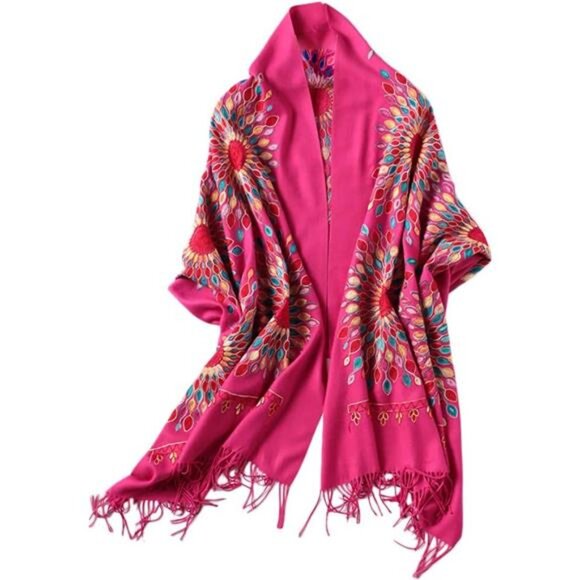Women's Embroidered Oversize Shawl Scarf Rose Pink